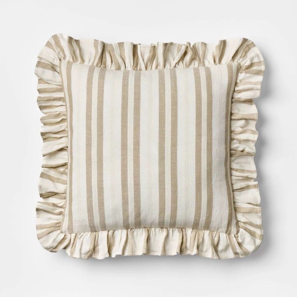 Threshold Studio McGee Woven Stripe Ruffle Throw Pillow Taupe Ivory New
